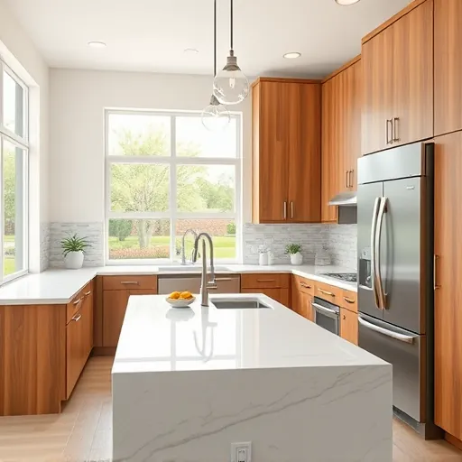 Renovated East Cesar Chavez TX kitchen with warm wood cabinets stainless steel appliances quartz island greenery and natural light