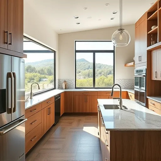 Newly remodeled kitchen in Wimberley TX with granite countertops, oak cabinetry, stainless steel appliances, and lush views.