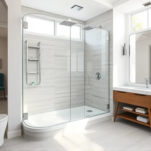 Newly completed modern tub-to-shower conversion in Austin TX with glass doors chrome fixtures and elegant neutral tiles