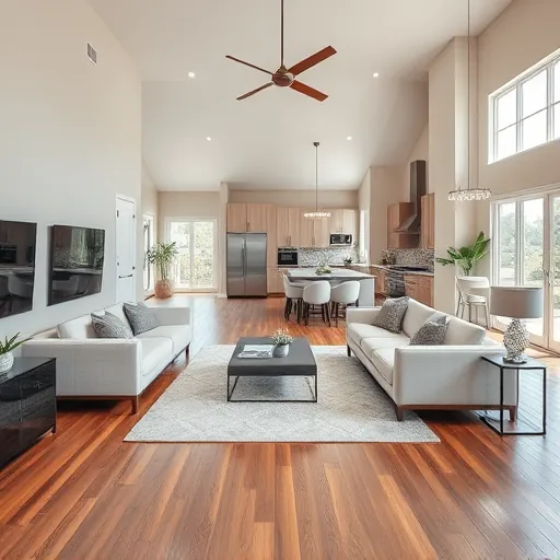 Completed home remodeling in Allandale TX featuring modern living space with high ceilings and elegant decor.