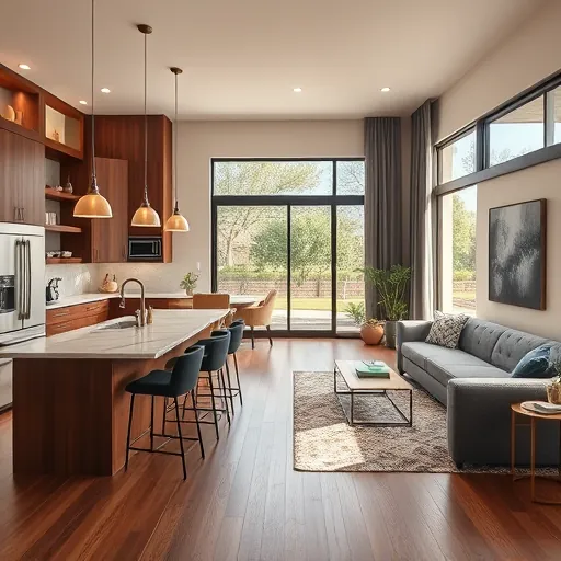 Renovated kitchen and living area in Lost Creek TX featuring modern cabinetry, marble island, and warm lighting.