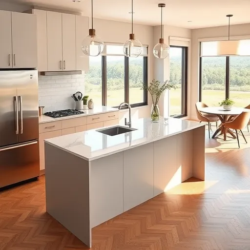 Recently remodeled Kyle TX kitchen with modern matte cabinets, marble countertops, stainless appliances, hardwood floors and large windows