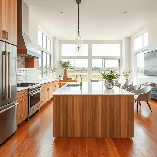 Modern renovated Mueller TX kitchen with stainless steel appliances marble island warm wood cabinets large windows