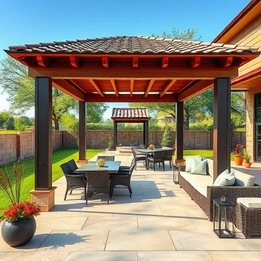 Beautiful completed covered patio in Austin TX with wooden pergola, tiled roof, lush greenery, outdoor furniture, and decorative lighting