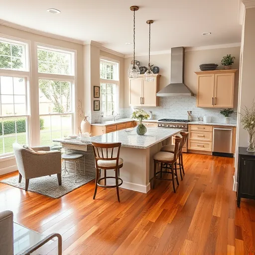 Modern kitchen remodel in Holly TX with elegant cabinetry, natural light, and cozy dining area featuring hardwood floors.
