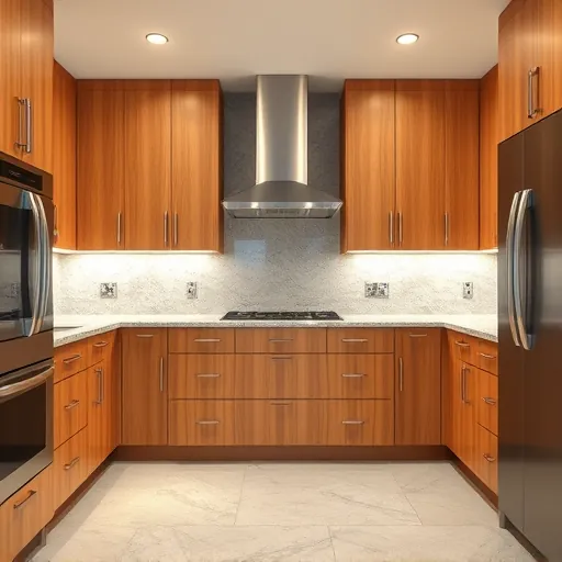 Freshly renovated kitchen cabinet interior with warm wood tones, sleek modern doors, granite countertops, stainless steel appliances, and subtle lighting