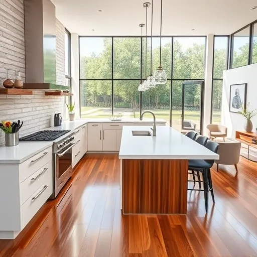Renovated Barton Hills TX kitchen with sleek modern design, quartz countertops, large central island, stainless steel appliances and natural light