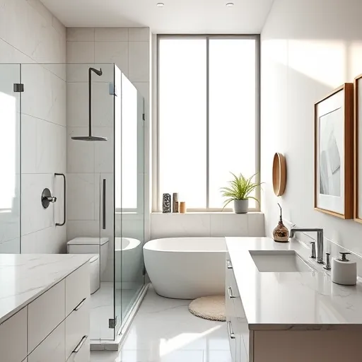 Remodeled Austin bathroom with modern fixtures, walk-in shower, marble countertops, natural sunlight, neutral tones, and stylish decor