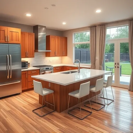 Modern Lakeway TX kitchen with wood cabinets, stainless steel appliances, quartz counters, large island, hardwood floors and lush backyard view
