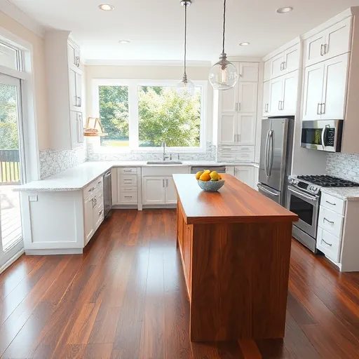 Modern Driftwood TX kitchen with quartz countertops, stainless steel appliances, wood island, shaker cabinets, mosaic backsplash, hardwood floors and large windows