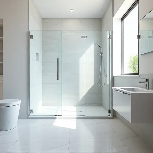 Modern bathroom with a glass walk-in shower, marble floor, chrome fixtures, and natural light highlighting sleek design