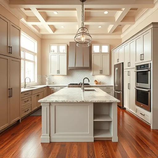 Modern Buda TX kitchen with sleek matte cabinets, detailed tile backsplash, granite island, stainless steel appliances, hardwood floors