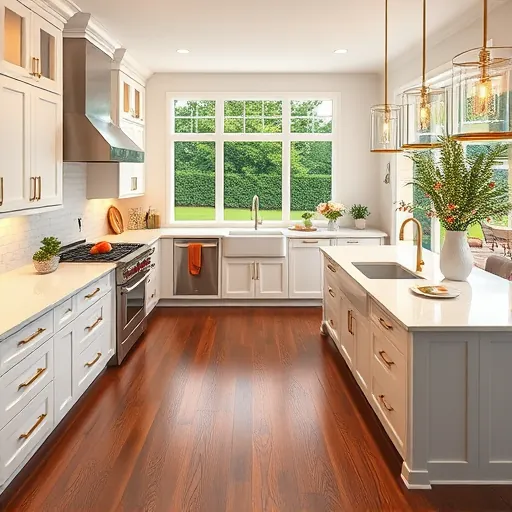 Modern kitchen remodel in Mueller TX featuring white cabinetry, quartz countertops, and dark hardwood flooring with garden view.