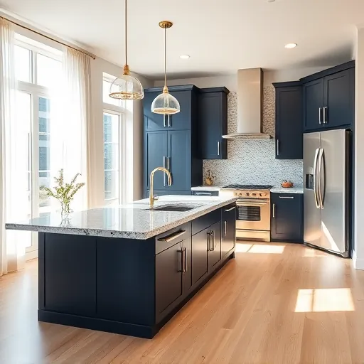 Modern kitchen remodel in South Lamar TX with navy and white cabinetry, granite island, stylish lighting, and hardwood floors.