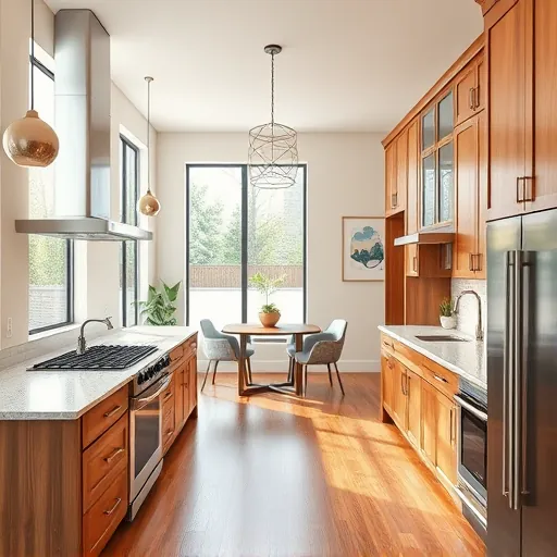 Remodeled Clarksville TX kitchen with granite counters stainless steel appliances custom wood cabinets sunny open layout polished hardwood floors and elegant decor