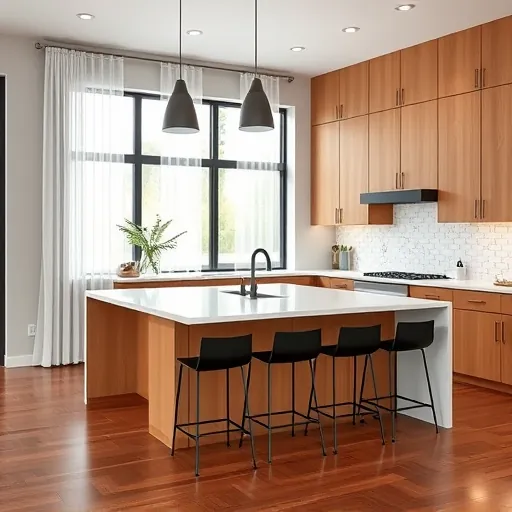 Recently remodeled South Lamar kitchen with quartz countertops, black fixtures, wooden cabinetry, spacious island, and natural light