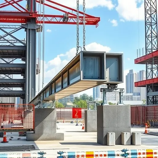 Completed steel beam installation on concrete supports at a well-lit Austin construction site with city skyline background.