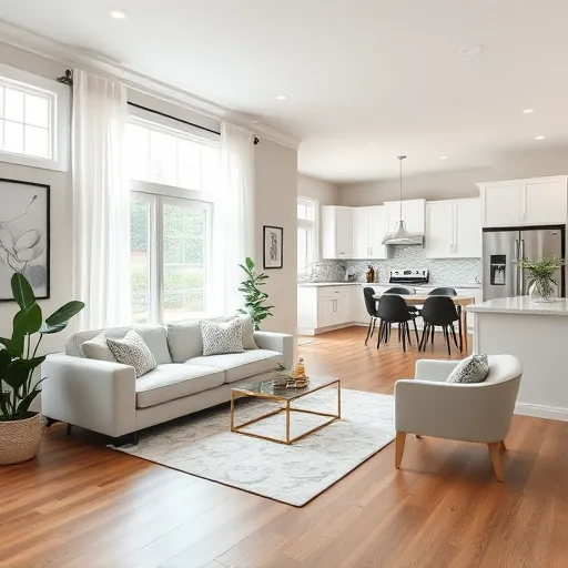 A stunning renovated living room in Belterra, TX, featuring hardwood floors, modern cabinetry, natural light, and stylish decor.
