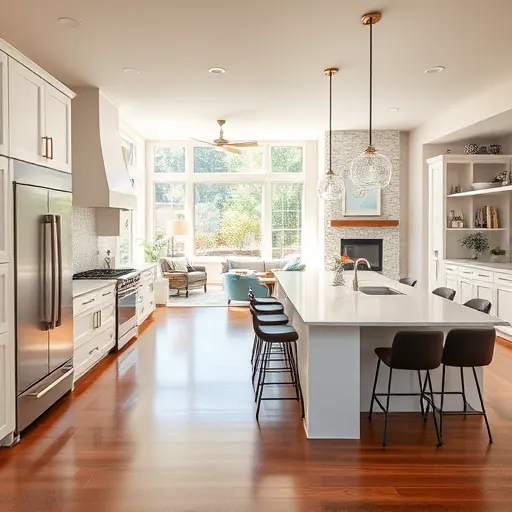 Modern kitchen remodel in Kyle TX featuring sleek white cabinetry, quartz countertops, stainless appliances, and hardwood floors.