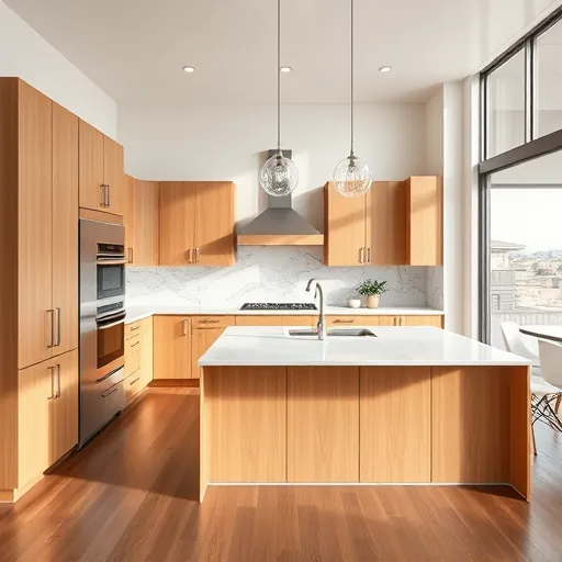 Remodeled Driftwood TX kitchen with warm wood cabinets, quartz countertops, marble island, stainless steel appliances, hardwood floors, and natural sunlight