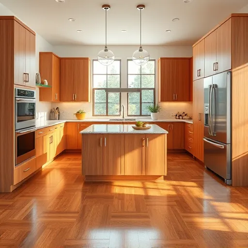 Modern kitchen with wood cabinets granite countertops stainless steel appliances large windows hardwood flooring and stylish island