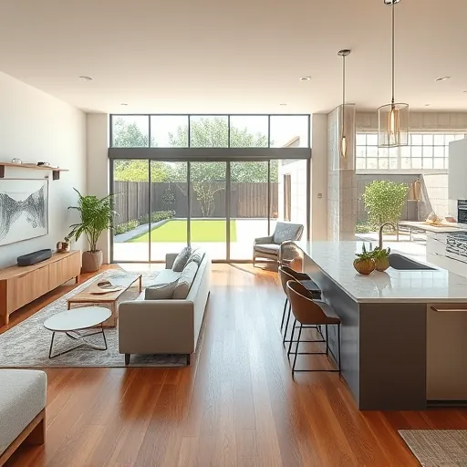 Home remodeling in Austin TX showcasing a modern kitchen and living space with stylish furnishings.