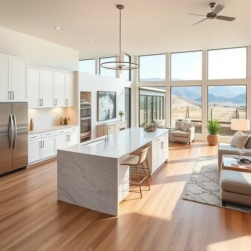 Modern kitchen and living area in Rough Hollow TX, featuring sleek white cabinetry and quartz countertops, inviting ambiance.
