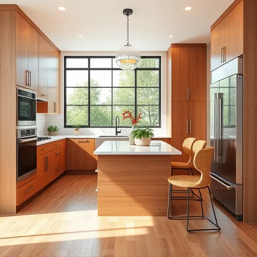 Remodeled Buda Texas kitchen with modern wood cabinetry granite countertops stainless appliances island pendant lighting and natural light