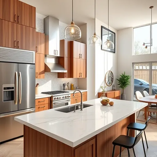Renovated South Lamar kitchen with warm wood cabinets stainless steel appliances marble island pendant lighting and natural light
