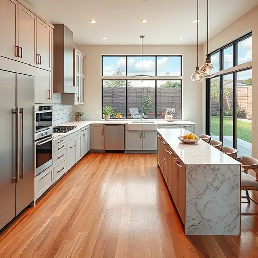 Modern remodeled kitchen in Kyle TX with matte cabinetry marble island stainless appliances hardwood floors natural light backyard view