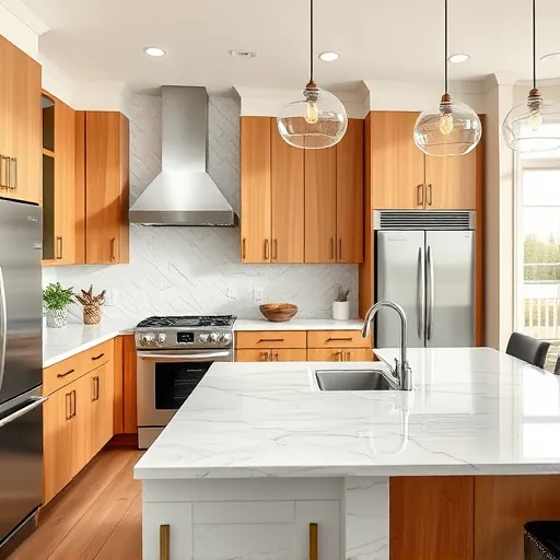 Remodeled Cedar Valley TX kitchen with modern wood cabinetry marble island stainless steel appliances and bright natural light