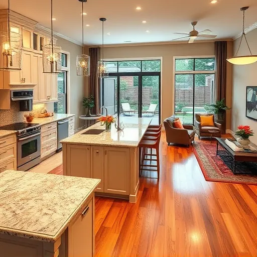 Modern kitchen and living area in Rollingwood TX, showcasing sleek cabinets, granite countertops, and spacious patio.