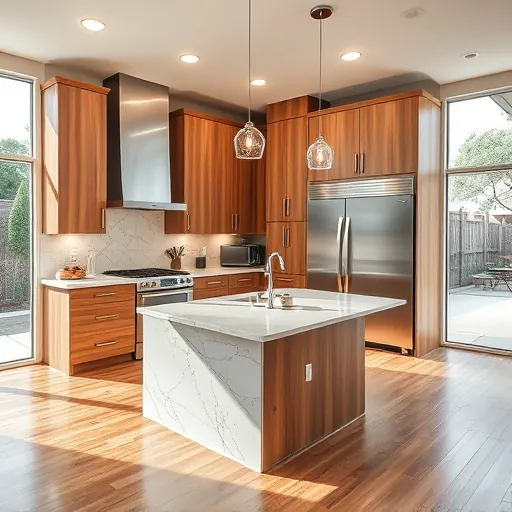 Modern Steiner Ranch kitchen with wood cabinets quartz countertops marble island stainless steel appliances hardwood floors large windows lush backyard