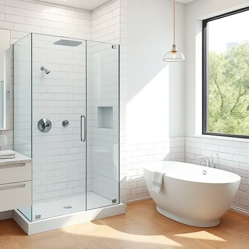 Renovated Austin bathroom with a tub-to-shower conversion, modern frosted glass shower, freestanding tub, and city views