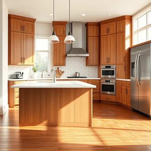 Renovated Cedar Valley TX kitchen with modern wood cabinets marble countertops stainless steel appliances and hardwood floors