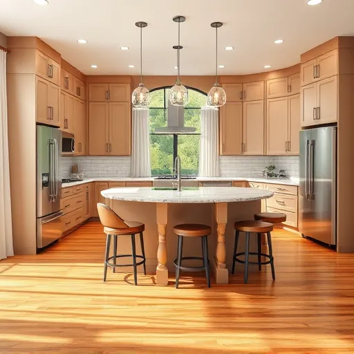 Remodeled Windsor Park TX kitchen with matte cabinetry stainless steel appliances granite countertops island lighting hardwood floors