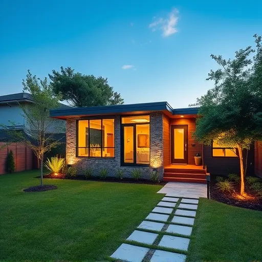 Modern Austin ADU in lush backyard with large windows, wood and stone details, landscaped surroundings, and pathway lighting