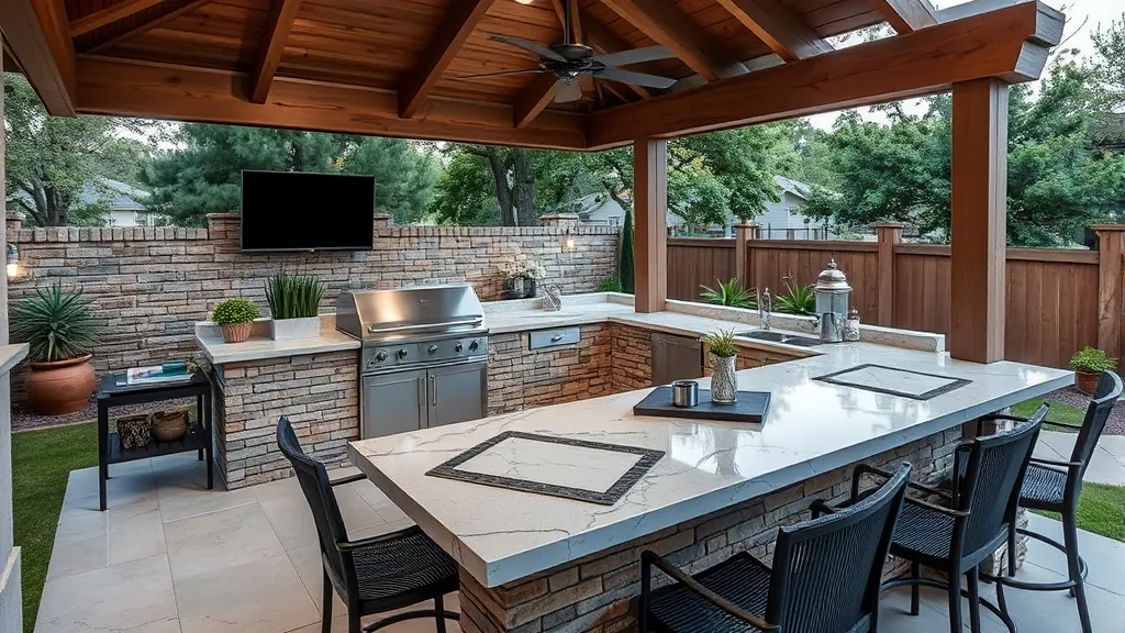 Outdoor kitchen installation project completed in Austin, TX with modern design and ample space for entertaining.