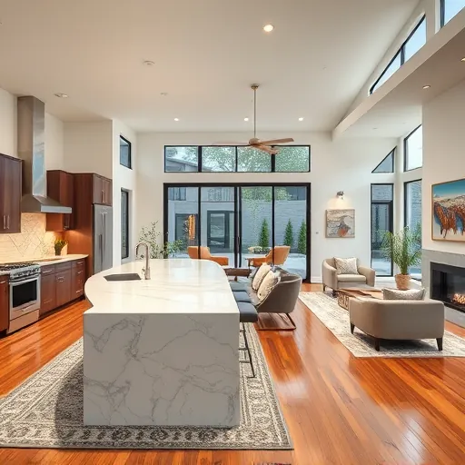 Modern open-concept living room in Austin TX with high ceilings, quartz kitchen island, and elegant decor.