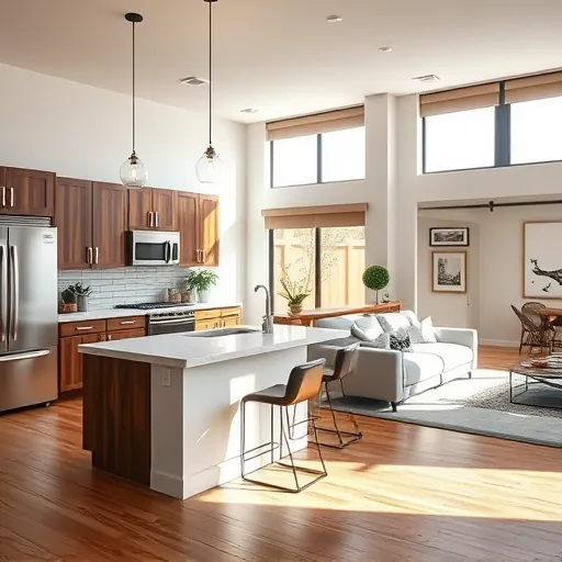 Modern kitchen and cozy living area in East Cesar Chavez TX, featuring elegant quartz countertops and stylish decor.