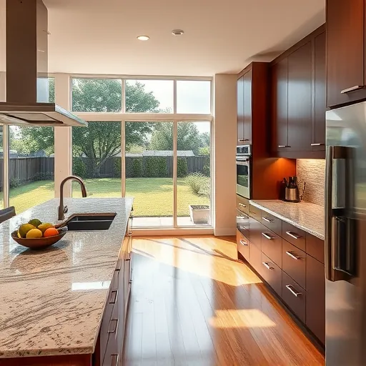 Luxurious remodeled Austin kitchen with granite countertops, custom cabinets, stainless steel appliances, hardwood floors, and natural sunlight