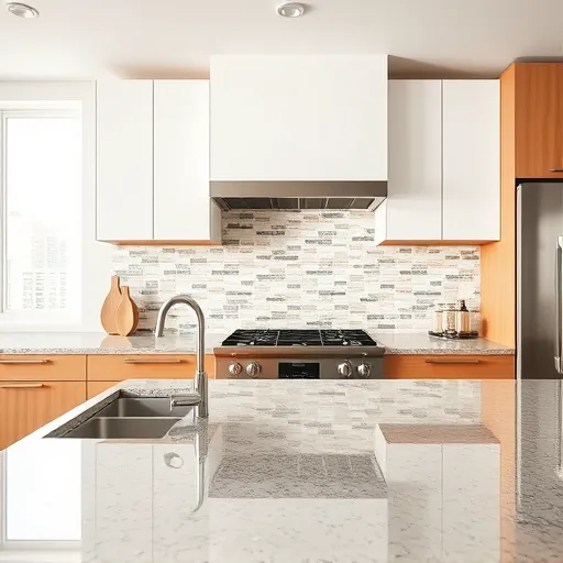 Modern kitchen backsplash with glossy ceramic or glass tiles, neutral tones, intricate pattern, polished countertops, natural light.