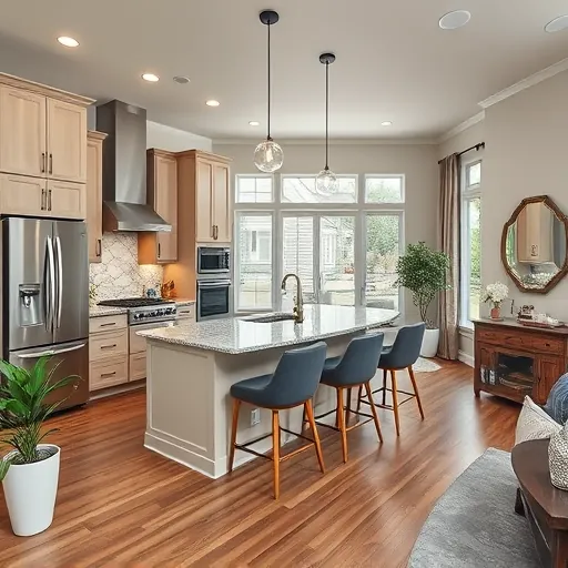 Completed home remodel in Mueller TX featuring modern kitchen with stainless appliances, granite countertops, and custom cabinetry.