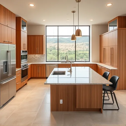 Modern Bee Cave Texas kitchen with wood cabinetry stainless appliances granite island natural light scenic views