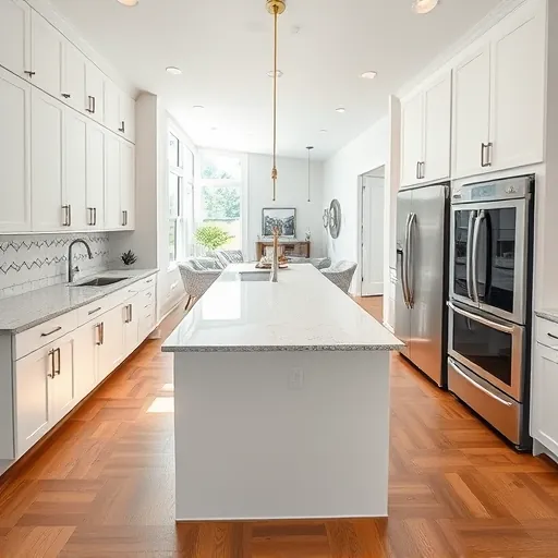 Modern remodeled kitchen in Holly TX with white cabinets granite island stainless appliances hardwood floors and natural light