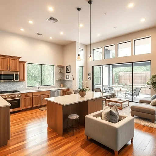 Modern open-concept living space in Steiner Ranch TX featuring elegant decor, sleek kitchen, and serene patio.