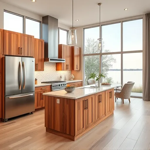 Remodeled Volente TX kitchen with modern wood cabinets stainless steel appliances granite countertops island pendant lighting and lakeside views