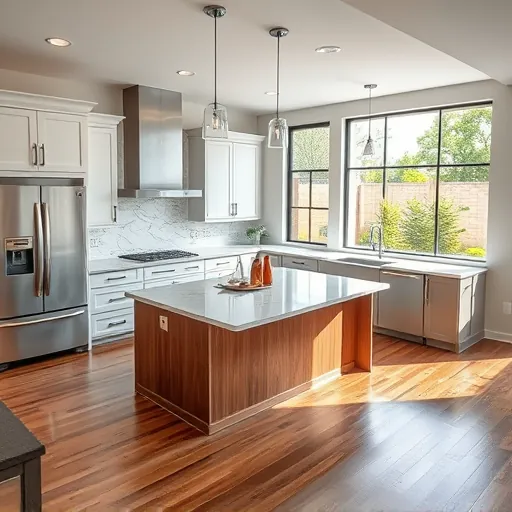 Modern kitchen remodel in Manchaca TX features sleek cabinets, quartz island, and stainless steel appliances. Spacious, inviting design.