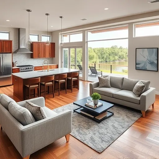 Luxurious modern open-concept living space in Volente TX with high-end finishes and serene lake view.