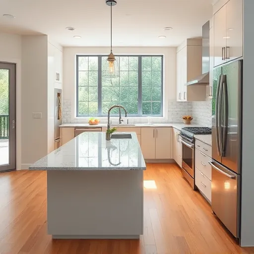 Bright renovated Austin kitchen with modern cabinetry granite countertops stainless steel appliances central island and lush outdoor view